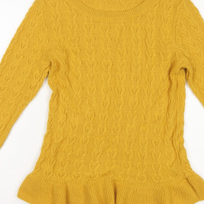 Miss Selfridge Women Yellow UK 12 Cable-Knit Round Neck Peplum Jumper