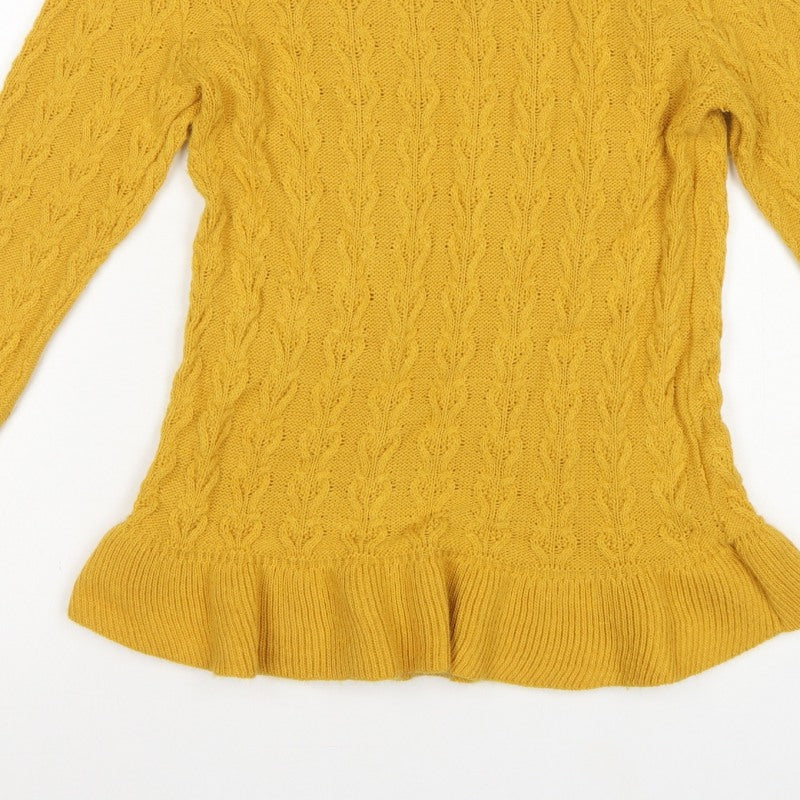 Miss Selfridge Women Yellow UK 12 Cable-Knit Round Neck Peplum Jumper