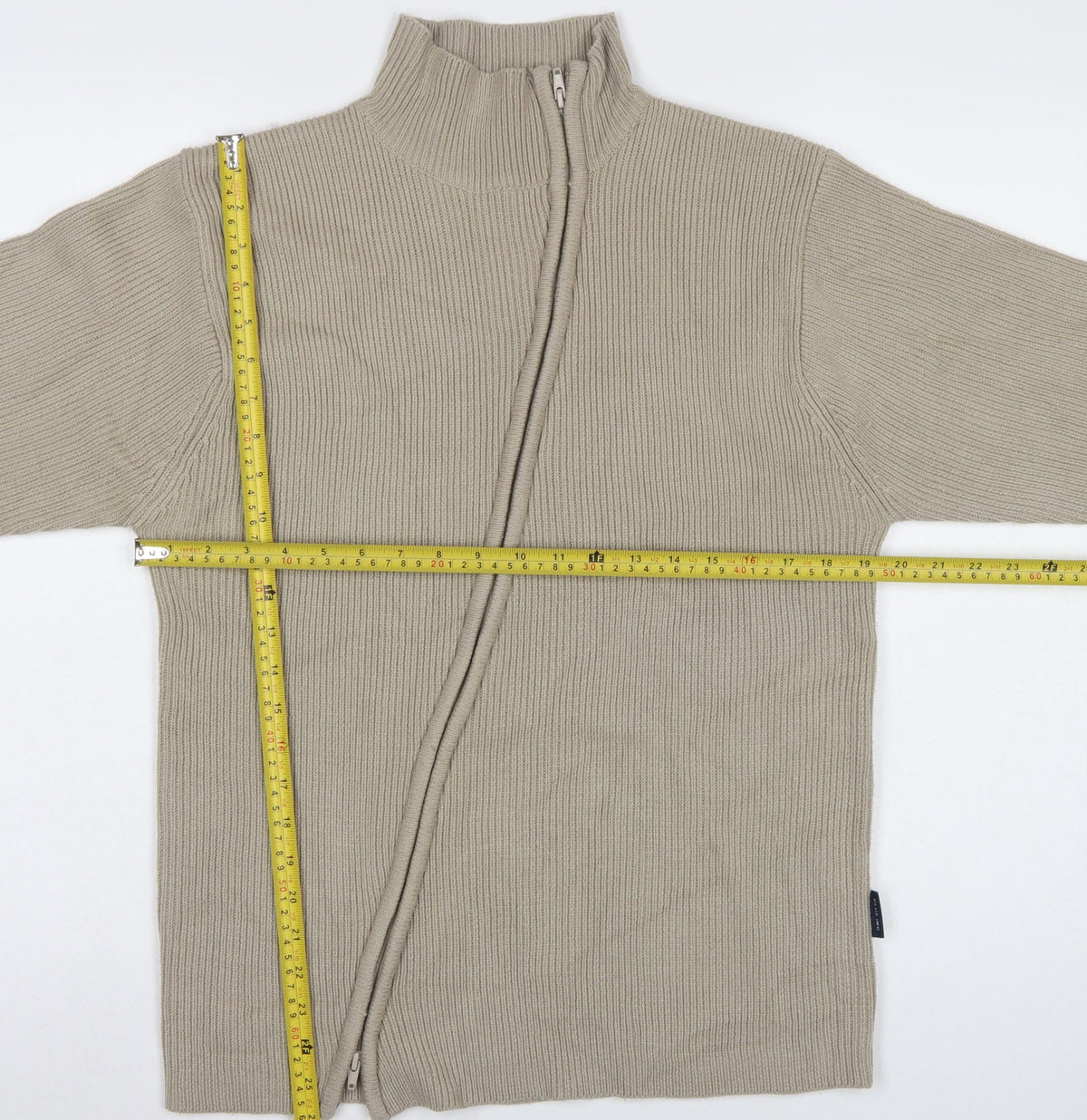 Blue Inc Men's Beige L Full Zip High Neck Rib Knit Acrylic Jumper