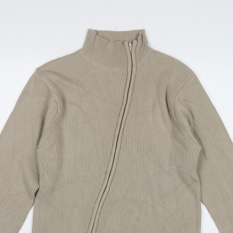 Blue Inc Men's Beige L Full Zip High Neck Rib Knit Acrylic Jumper