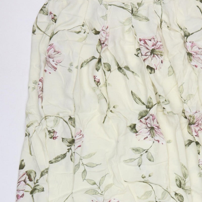Monsoon Women Ivory Pink Floral Viscose Midi Flare Skirt Size L
