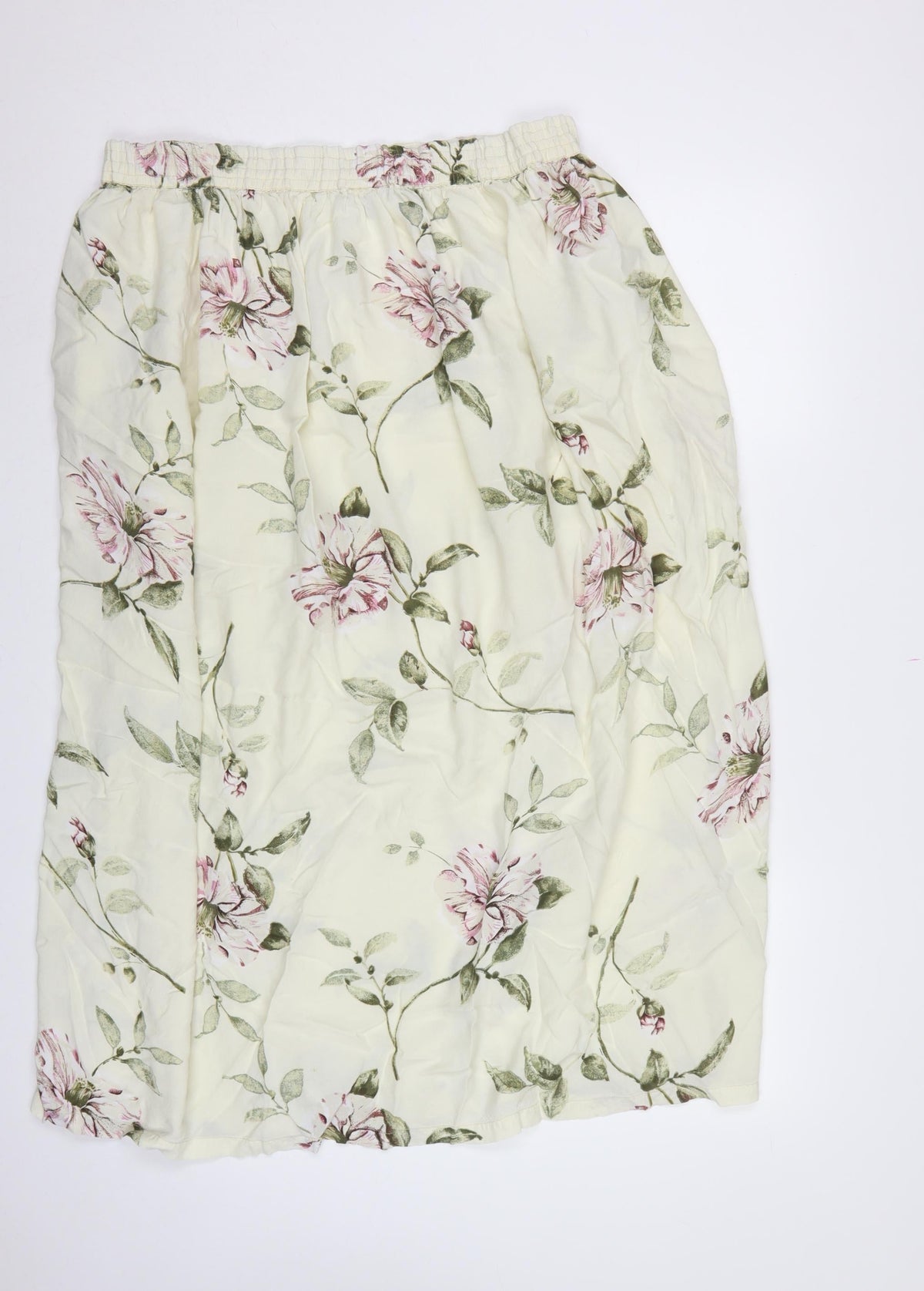 Monsoon Women Ivory Pink Floral Viscose Midi Flare Skirt Size L