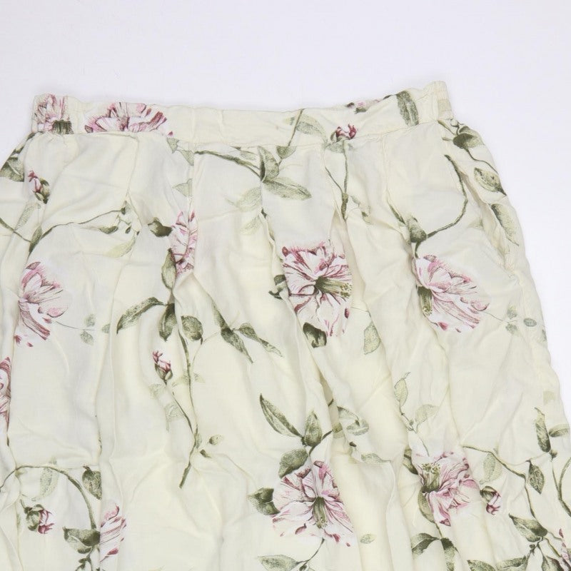 Monsoon Women Ivory Pink Floral Viscose Midi Flare Skirt Size L