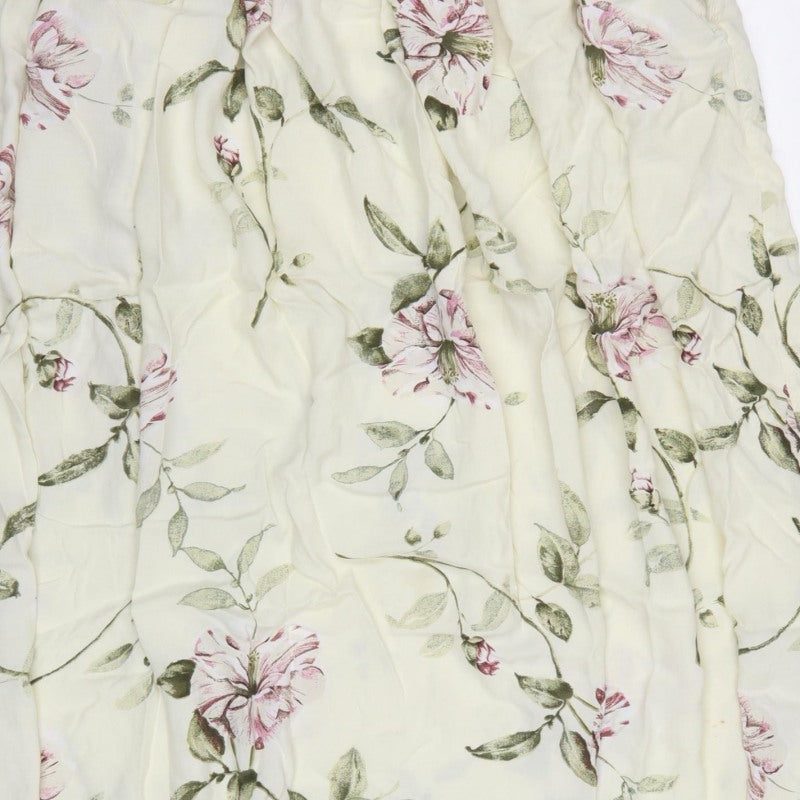 Monsoon Women Ivory Pink Floral Viscose Midi Flare Skirt Size L