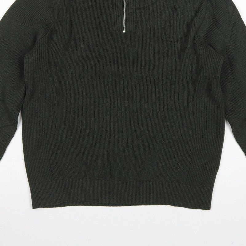 Marks and Spencer Men's Green XL 1/2 Zip High Neck Cotton Blend Jumper