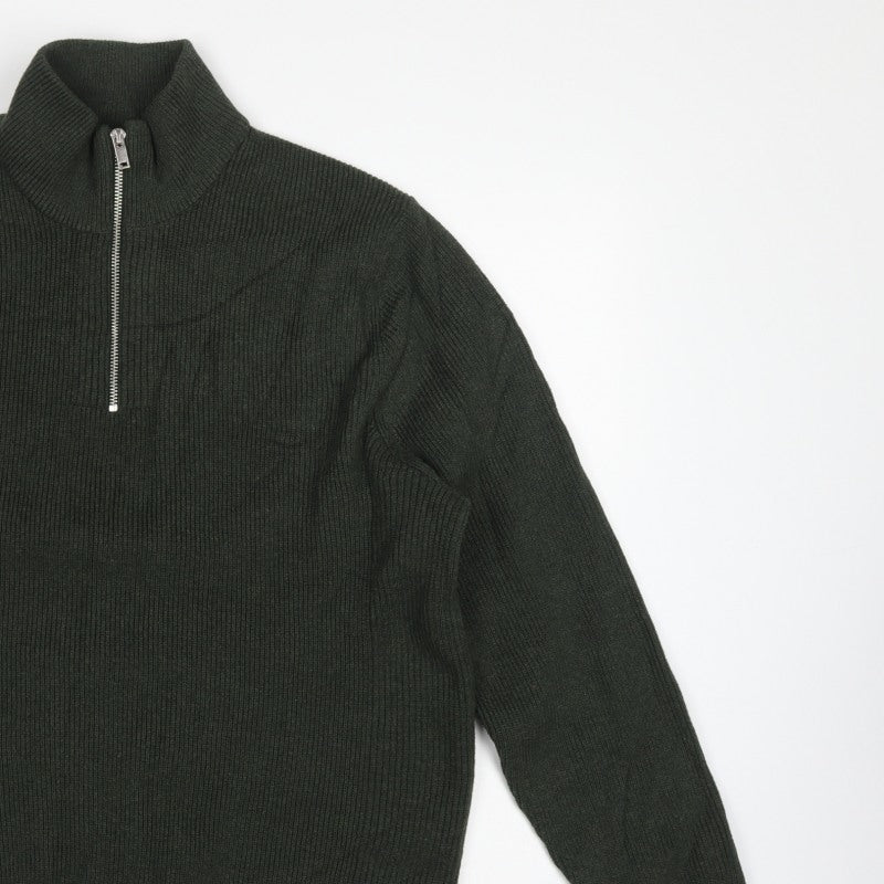 Marks and Spencer Men's Green XL 1/2 Zip High Neck Cotton Blend Jumper
