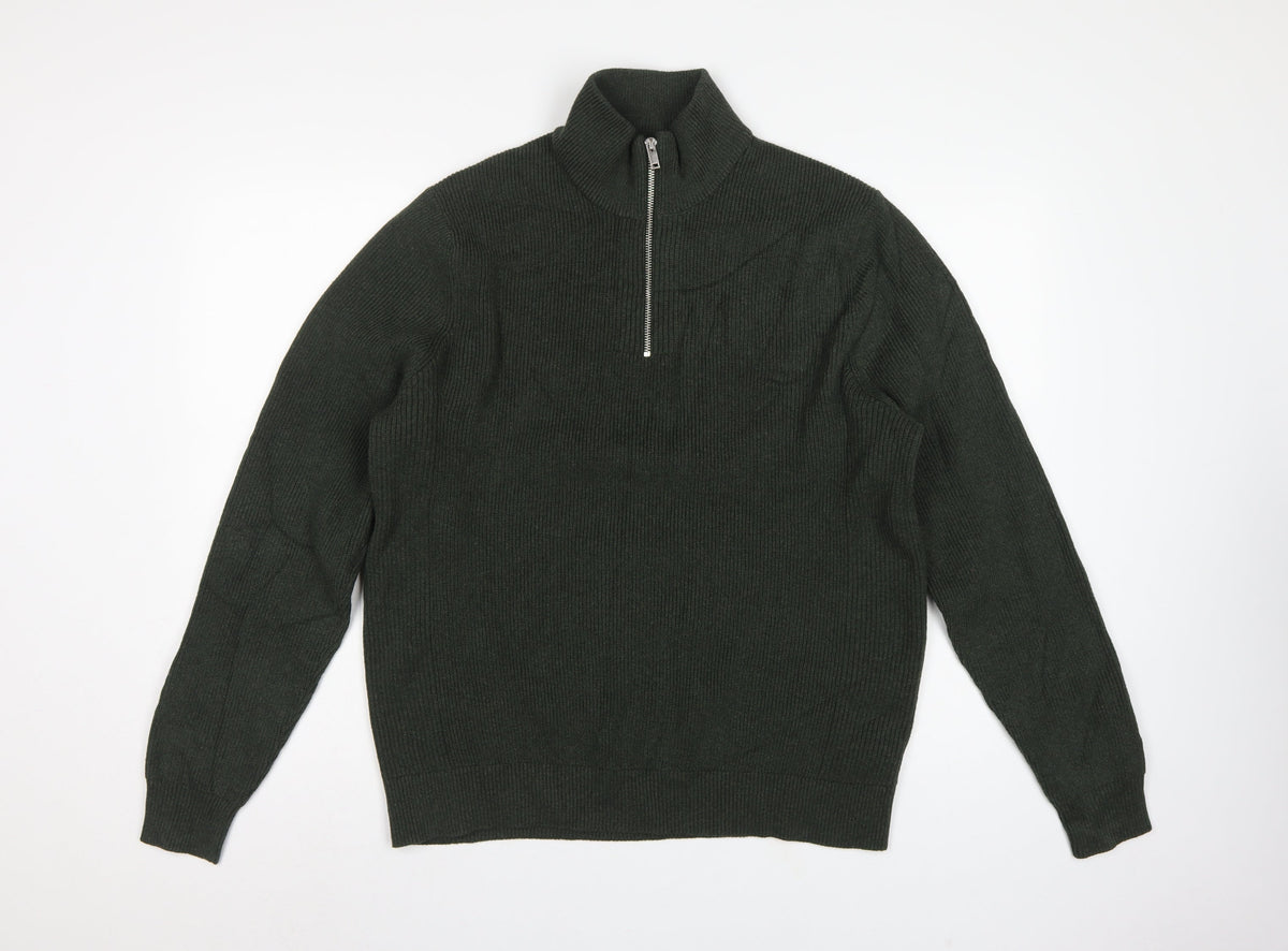 Marks and Spencer Men's Green XL 1/2 Zip High Neck Cotton Blend Jumper