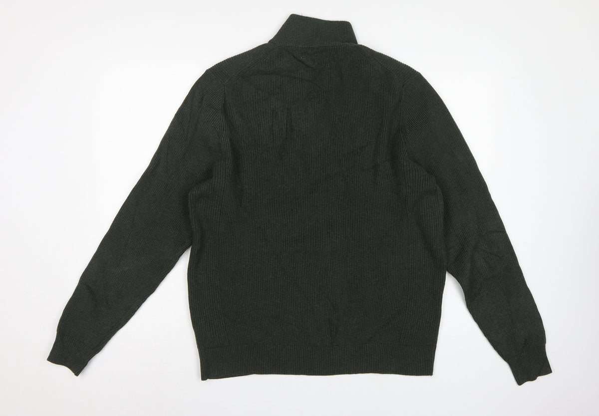 Marks and Spencer Men's Green XL 1/2 Zip High Neck Cotton Blend Jumper