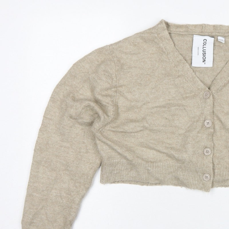 COLLUSION Women Beige UK 8 V-Neck Button Balloon Sleeve Cardigan
