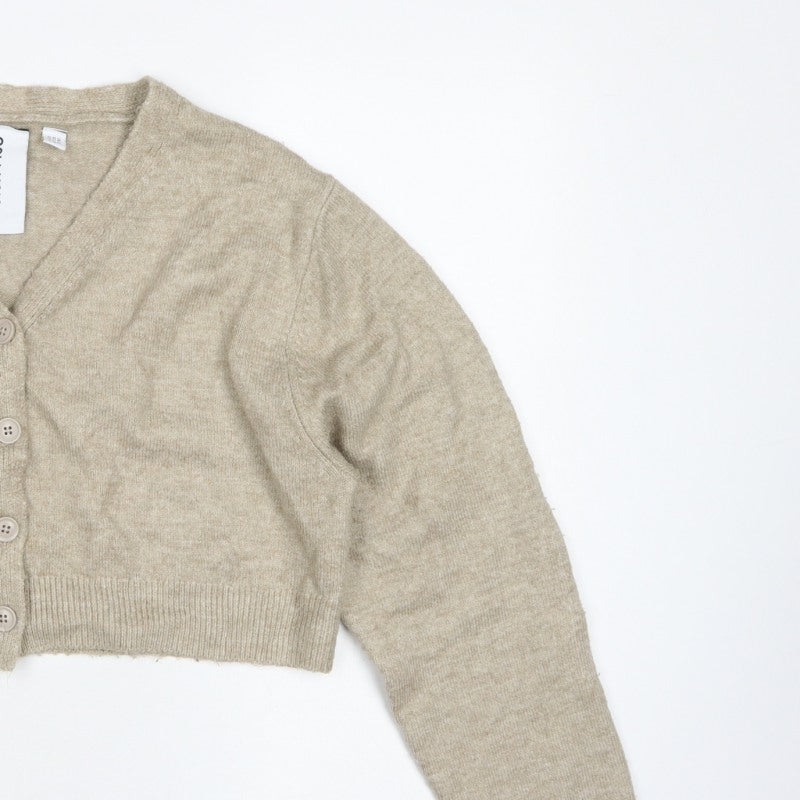 COLLUSION Women Beige UK 8 V-Neck Button Balloon Sleeve Cardigan