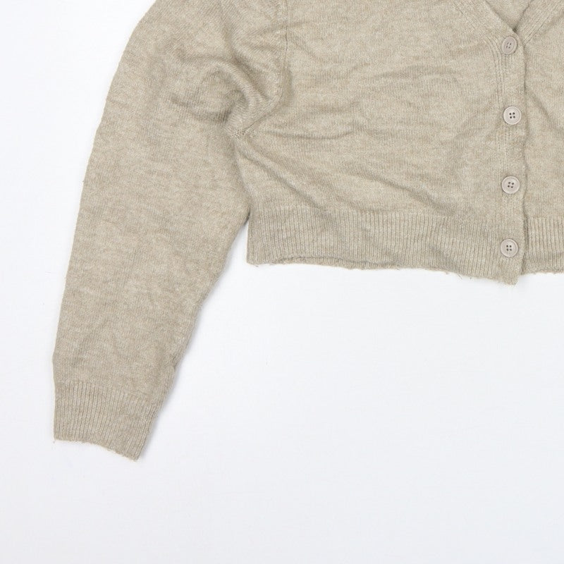 COLLUSION Women Beige UK 8 V-Neck Button Balloon Sleeve Cardigan