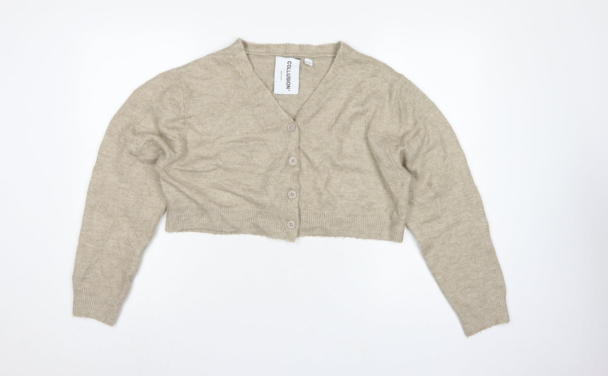 COLLUSION Women Beige UK 8 V-Neck Button Balloon Sleeve Cardigan