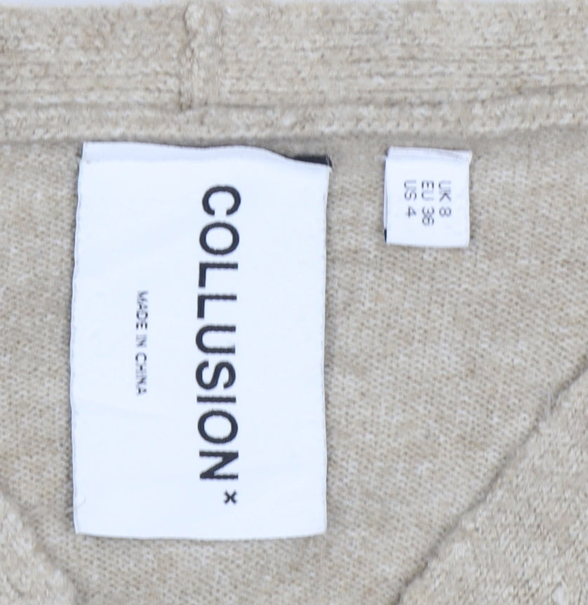 COLLUSION Women Beige UK 8 V-Neck Button Balloon Sleeve Cardigan
