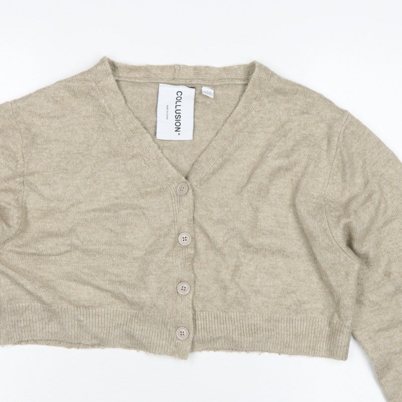 COLLUSION Women Beige UK 8 V-Neck Button Balloon Sleeve Cardigan