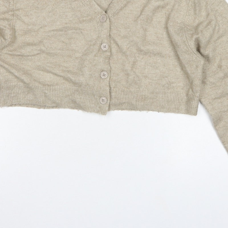 COLLUSION Women Beige UK 8 V-Neck Button Balloon Sleeve Cardigan