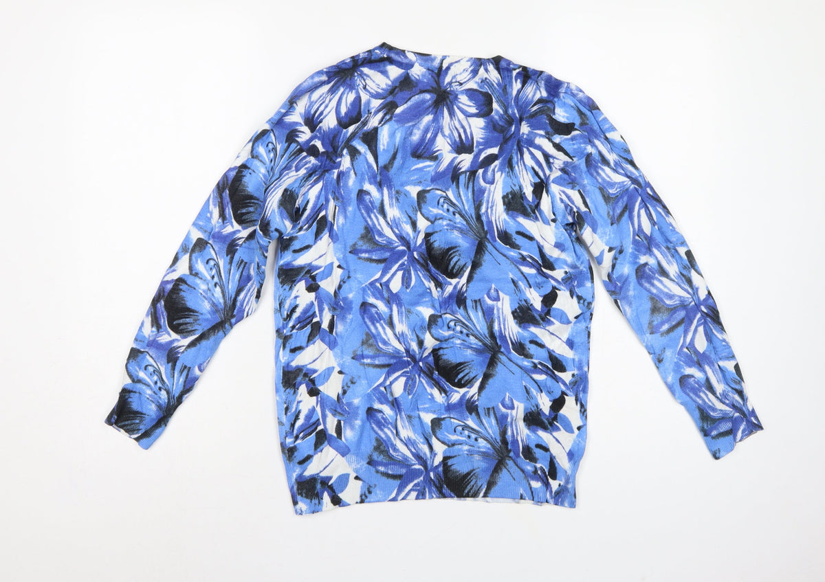 /itext. Women’s Blue Floral Knit Jumper Size S Round Neck Long Sleeve