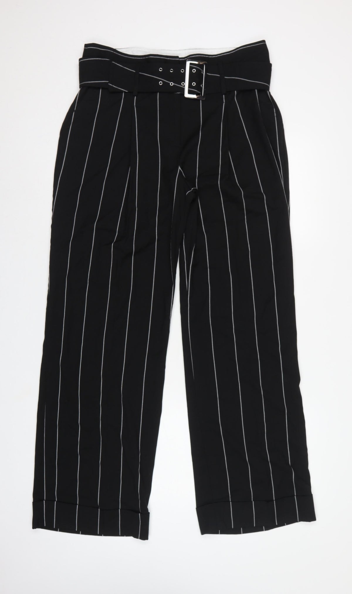 M&S Women Grey Pinstripe High Rise Belted Tapered Trousers UK 14