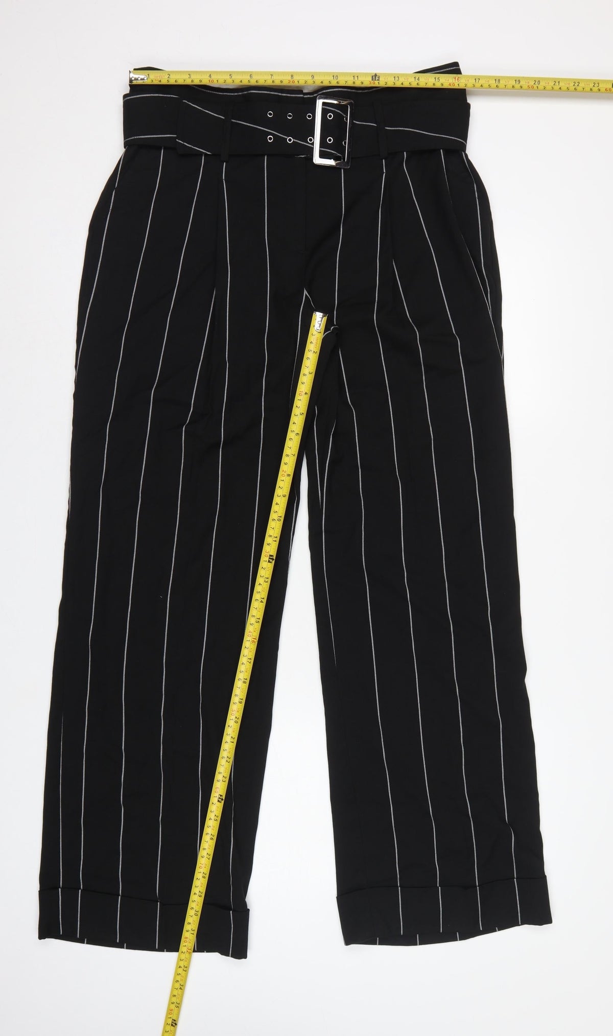M&S Women Grey Pinstripe High Rise Belted Tapered Trousers UK 14