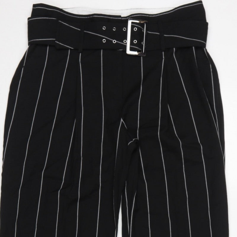 M&S Women Grey Pinstripe High Rise Belted Tapered Trousers UK 14
