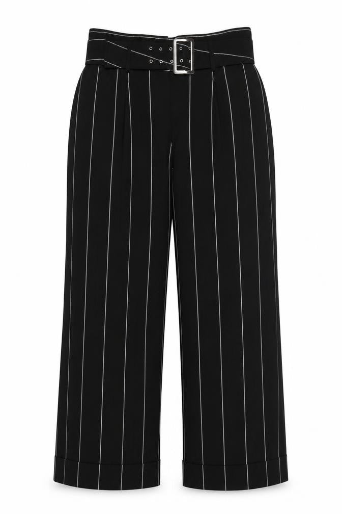 M&S Women Grey Pinstripe High Rise Belted Tapered Trousers UK 14