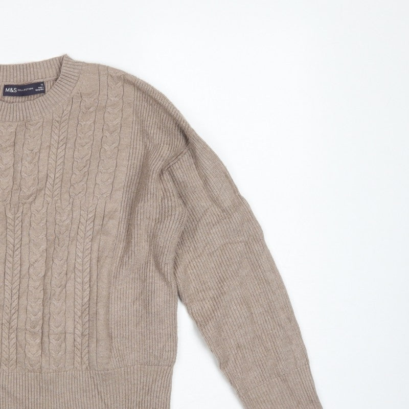 M&S Women’s Beige XS Cable Knit Crew Neck Balloon Sleeve Jumper
