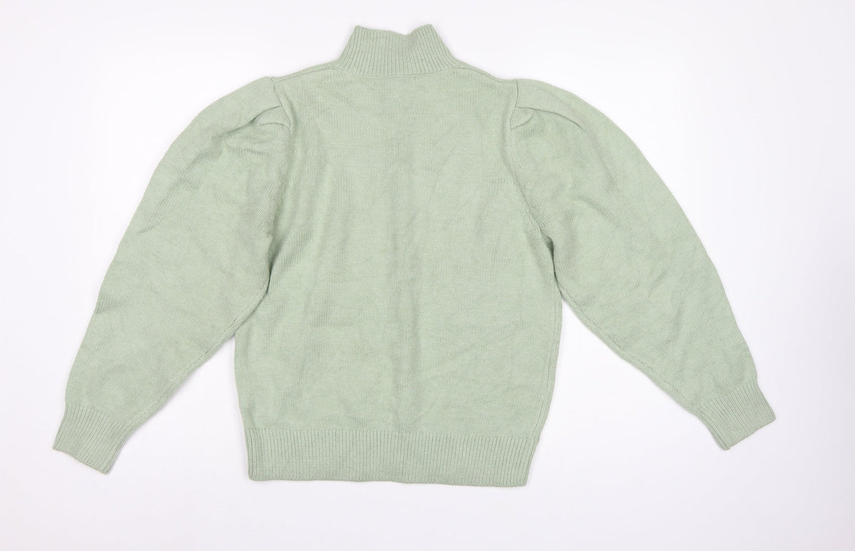 Next Women Green UK 10 Mock Neck Puff Sleeve Knit Jumper