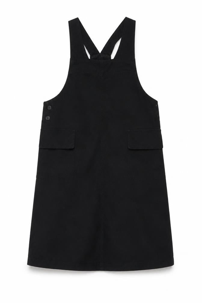Monki Women Black M Midi Pinafore Dungaree Dress Pockets V Neck