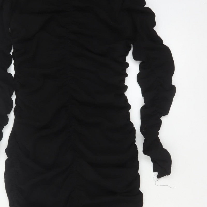 Zara Women Black XS Long Ruched Bodycon Puff Sleeve Dress