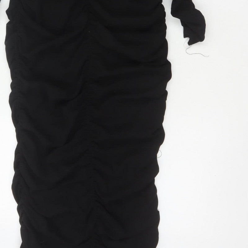 Zara Women Black XS Long Ruched Bodycon Puff Sleeve Dress
