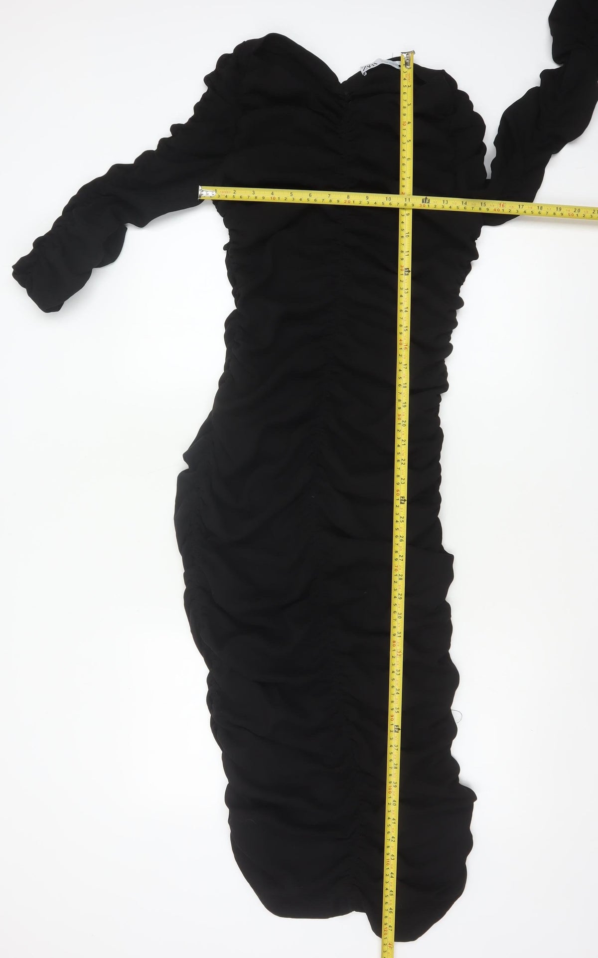 Zara Women Black XS Long Ruched Bodycon Puff Sleeve Dress