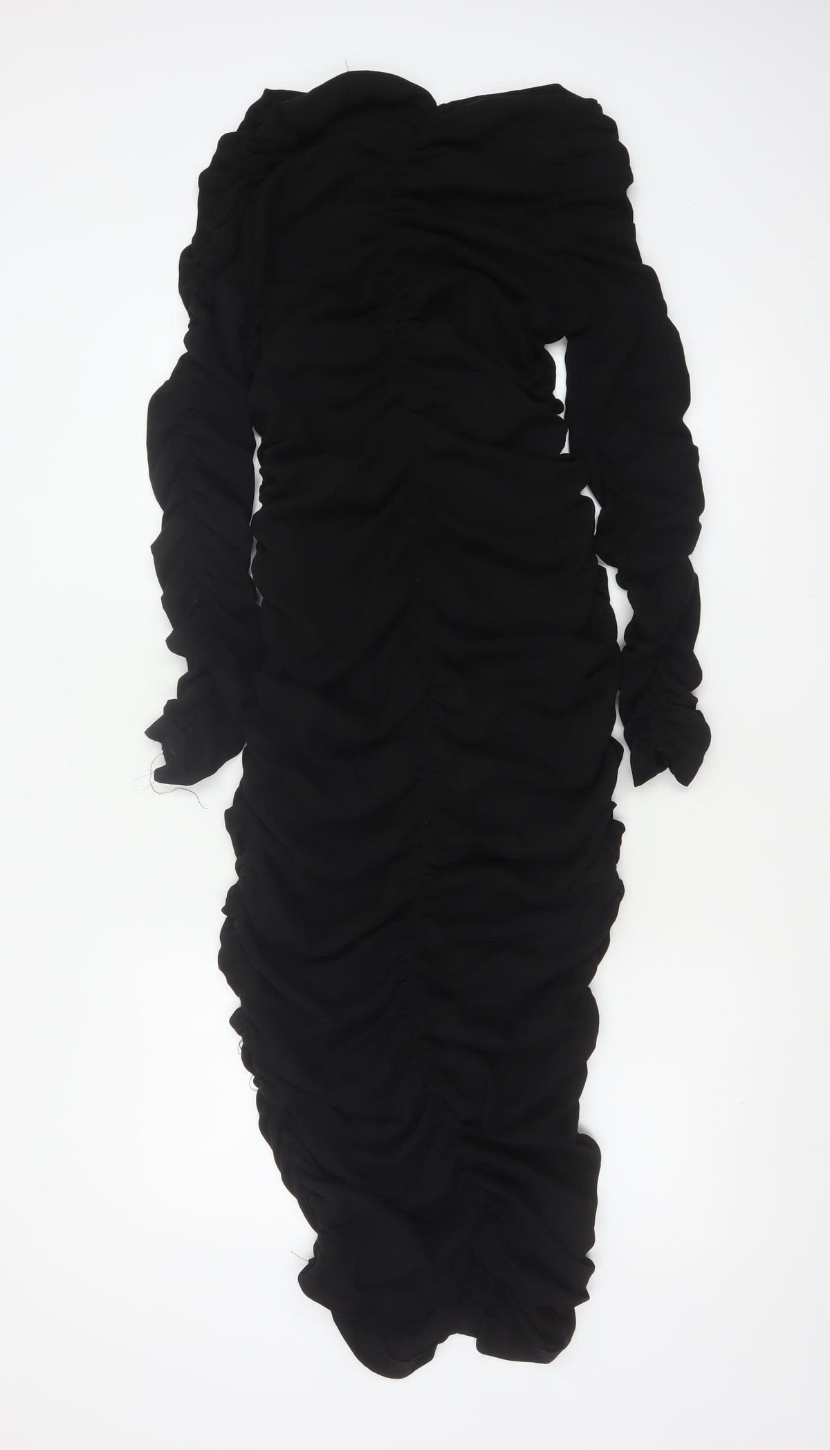 Zara Women Black XS Long Ruched Bodycon Puff Sleeve Dress