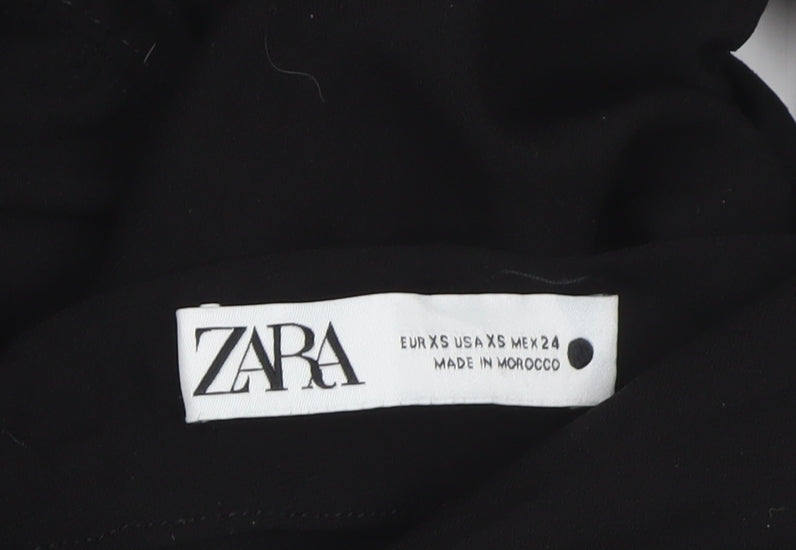 Zara Women Black XS Long Ruched Bodycon Puff Sleeve Dress
