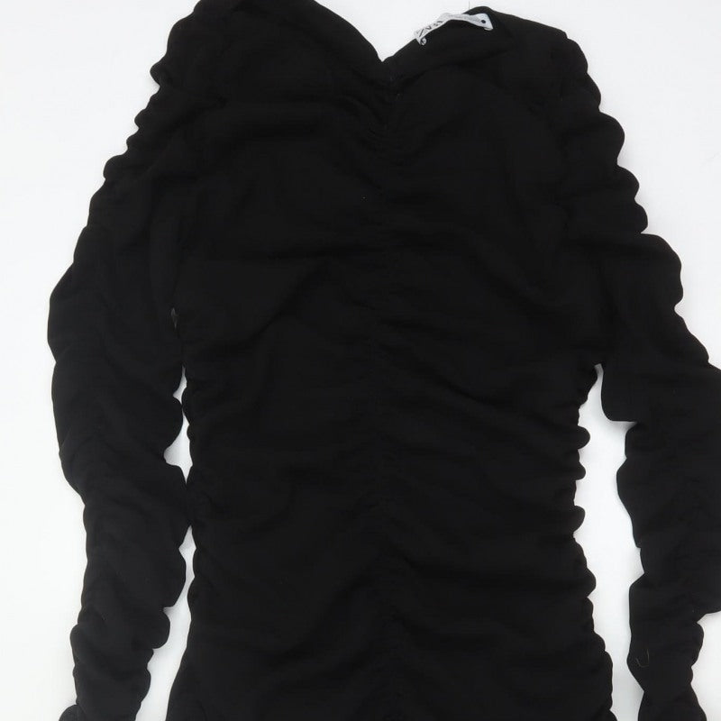 Zara Women Black XS Long Ruched Bodycon Puff Sleeve Dress
