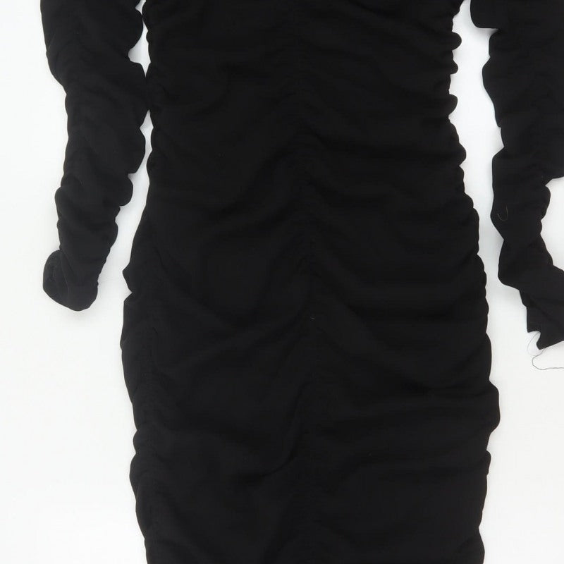 Zara Women Black XS Long Ruched Bodycon Puff Sleeve Dress