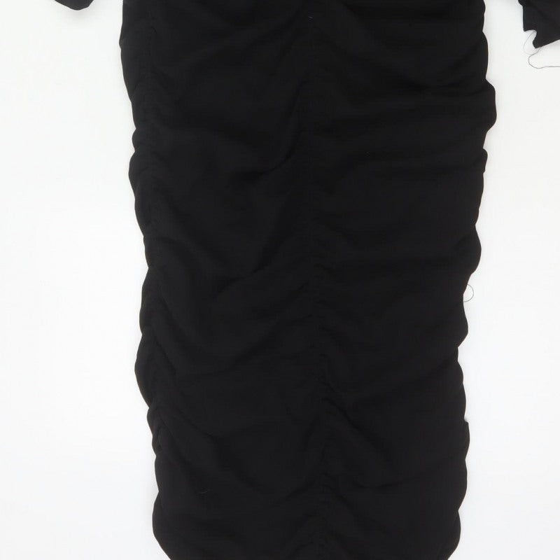 Zara Women Black XS Long Ruched Bodycon Puff Sleeve Dress
