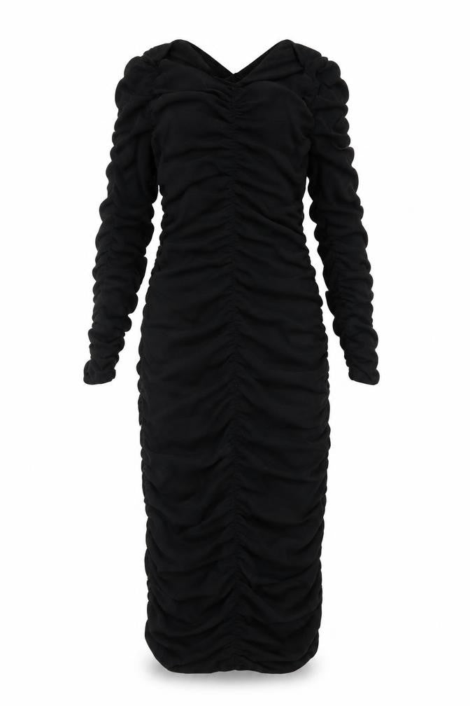 Zara Women Black XS Long Ruched Bodycon Puff Sleeve Dress