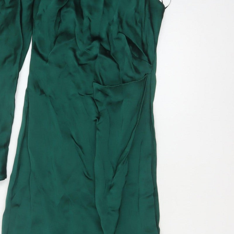 Zara Women Green XS Asymmetric One Sleeve Satin Maxi Party Dress