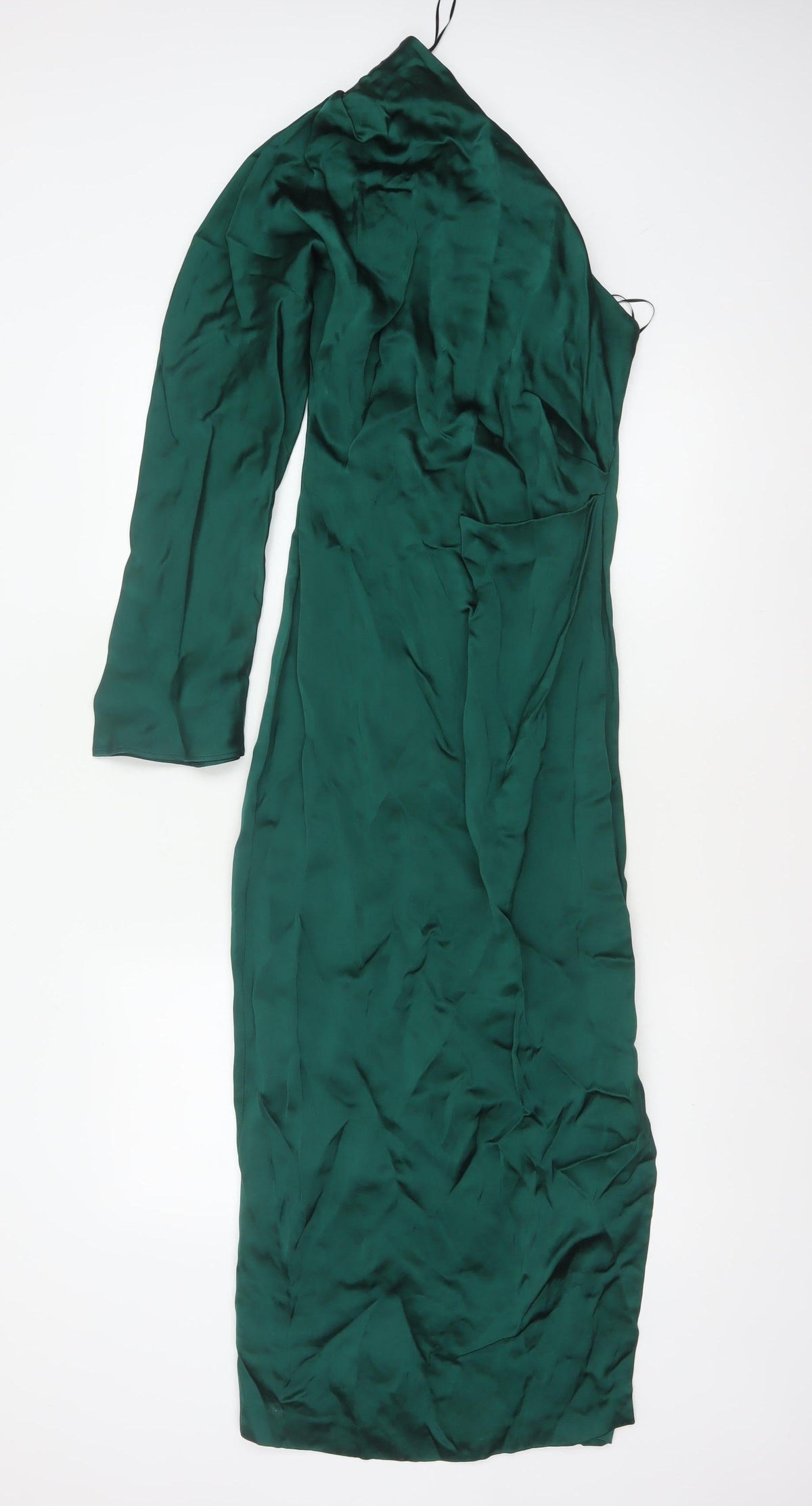 Zara Women Green XS Asymmetric One Sleeve Satin Maxi Party Dress