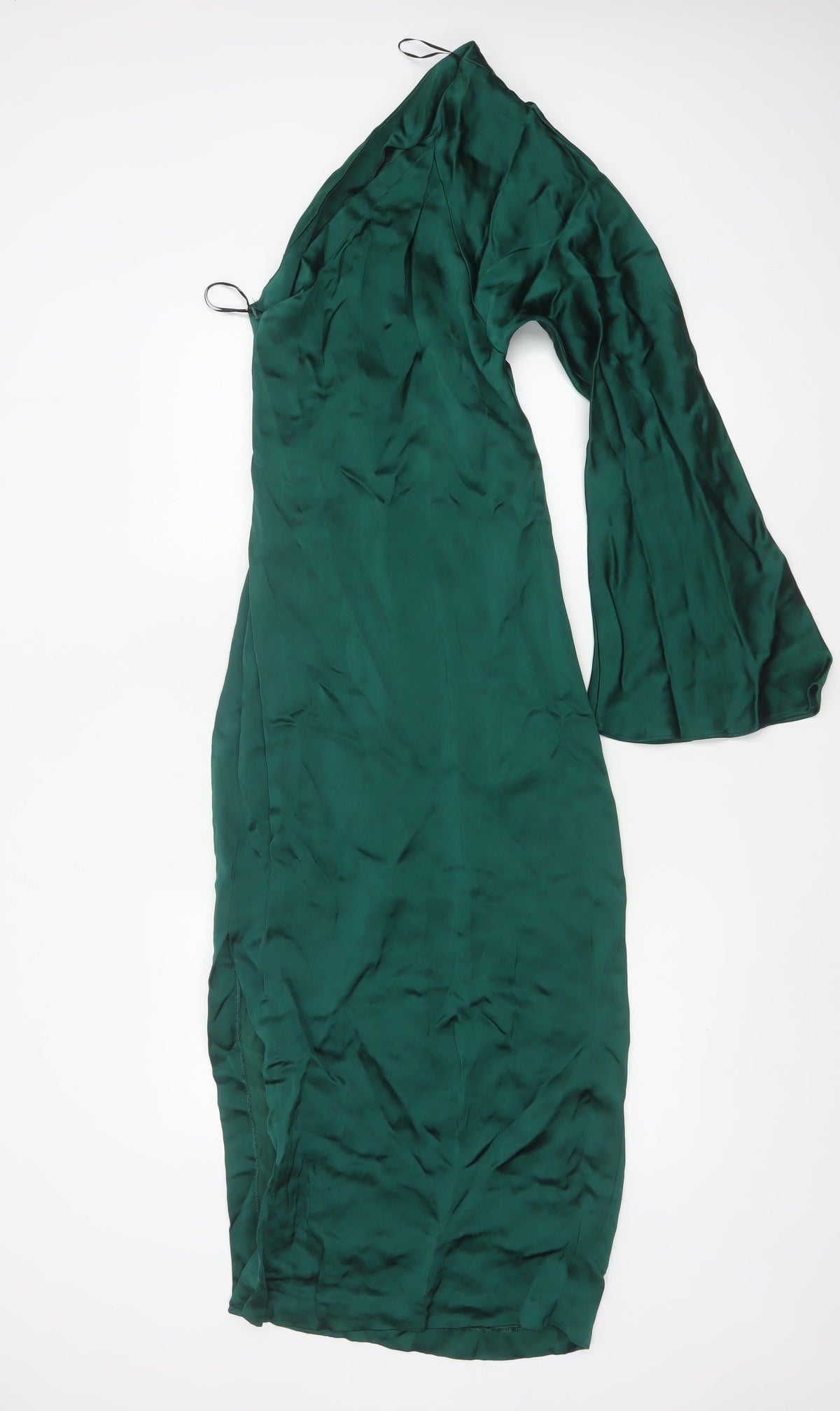Zara Women Green XS Asymmetric One Sleeve Satin Maxi Party Dress