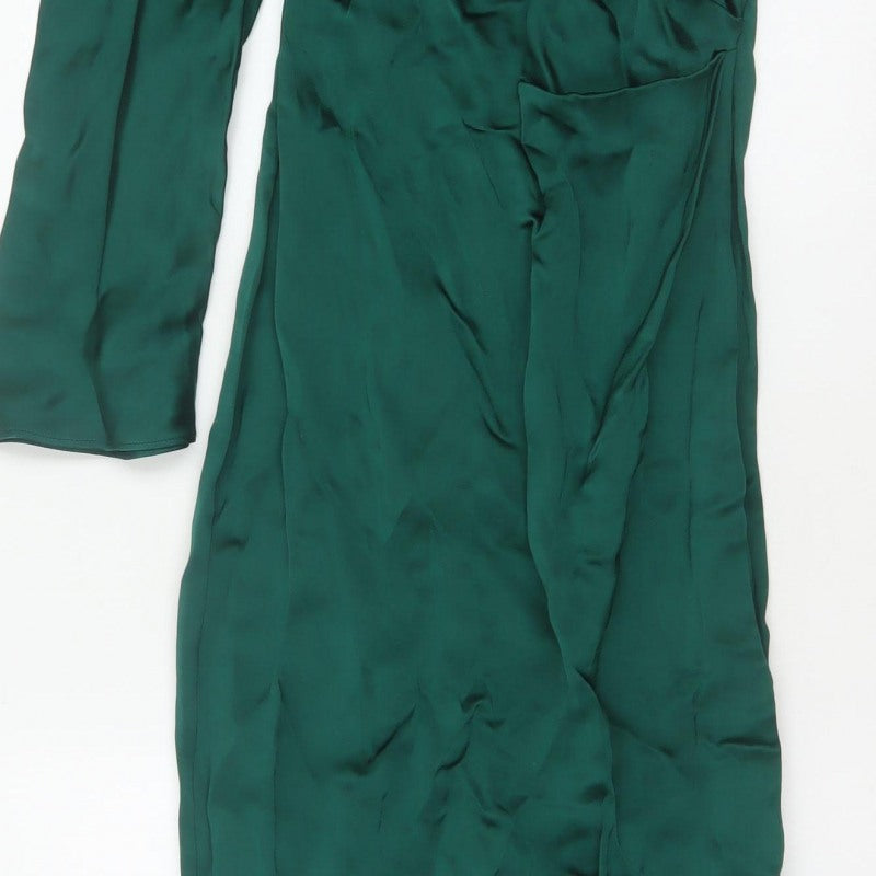 Zara Women Green XS Asymmetric One Sleeve Satin Maxi Party Dress