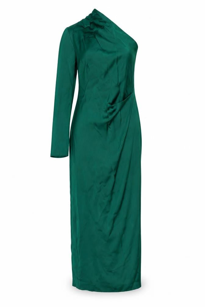 Zara Women Green XS Asymmetric One Sleeve Satin Maxi Party Dress