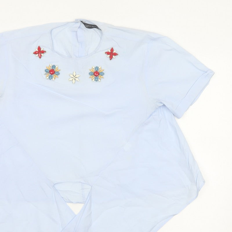 Zara Woman Blue M Floral Embellished Asymmetric Tunic Blouse