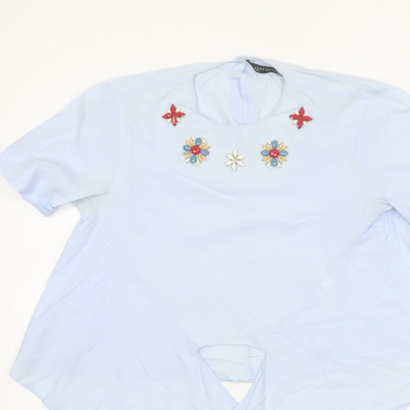 Zara Woman Blue M Floral Embellished Asymmetric Tunic Blouse
