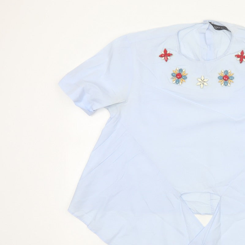 Zara Woman Blue M Floral Embellished Asymmetric Tunic Blouse