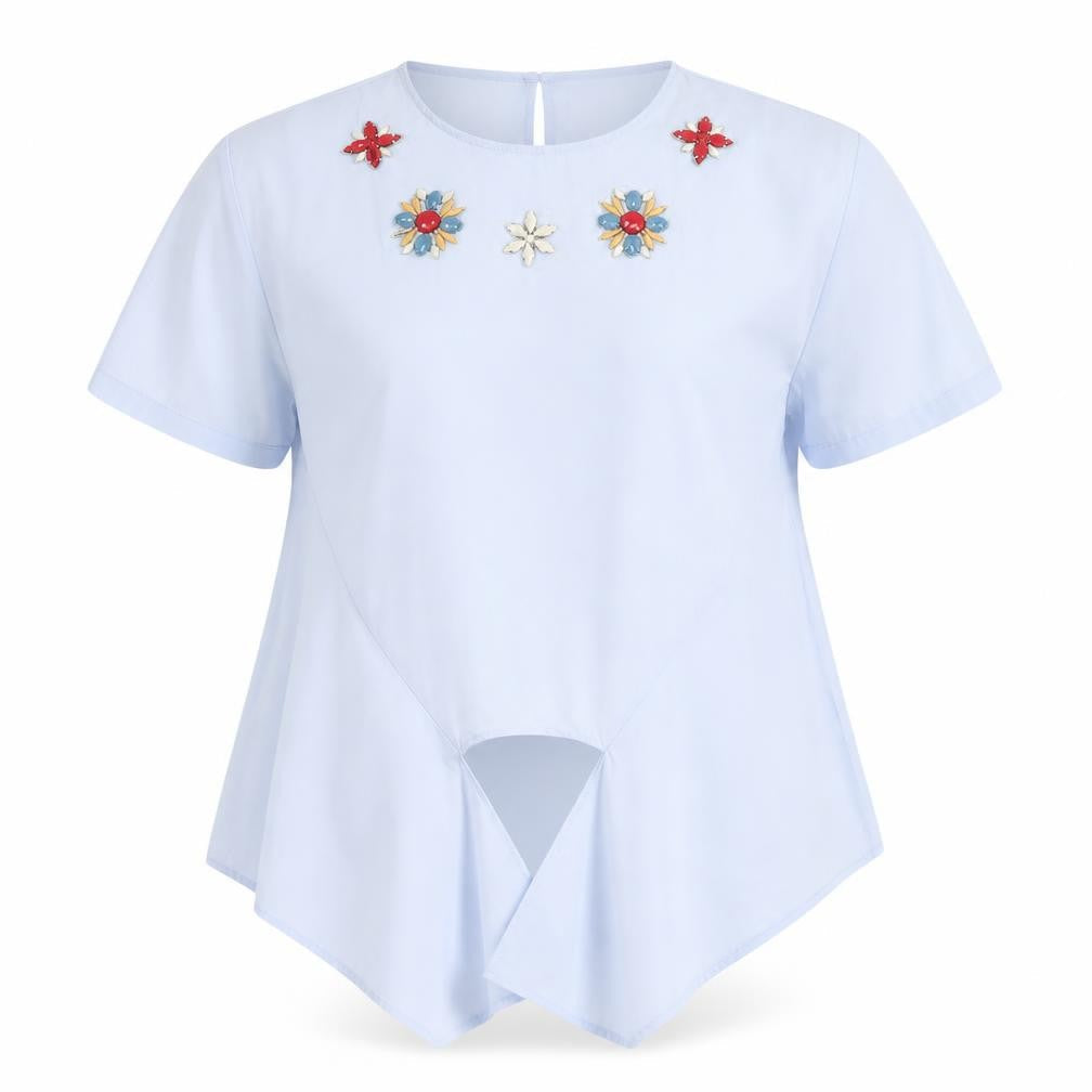 Zara Woman Blue M Floral Embellished Asymmetric Tunic Blouse