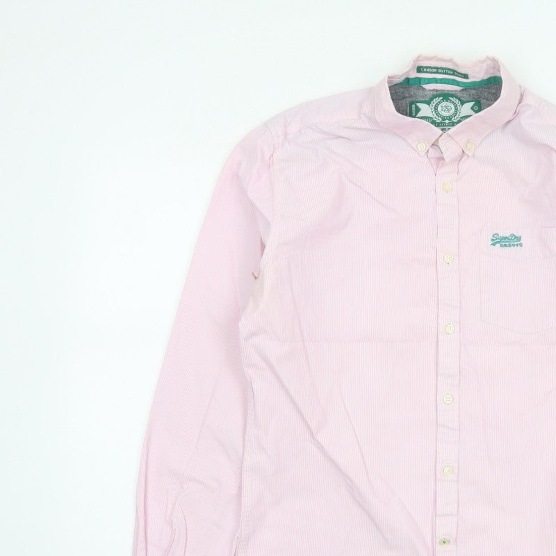 Superdry Men Pink White Striped Large Cotton Button-Up Long Sleeve Shirt