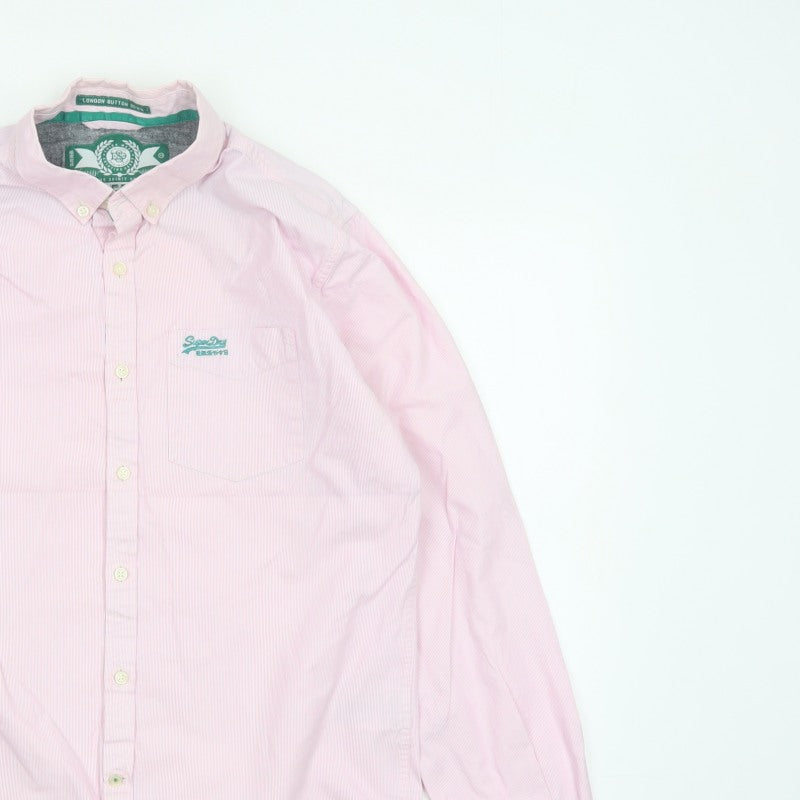 Superdry Men Pink White Striped Large Cotton Button-Up Long Sleeve Shirt