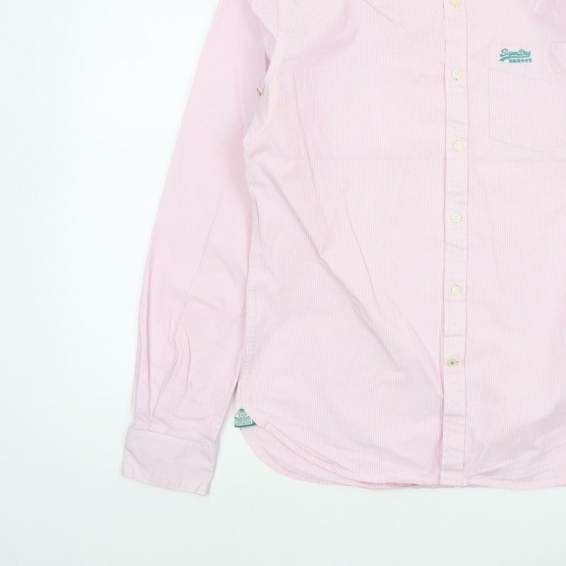 Superdry Men Pink White Striped Large Cotton Button-Up Long Sleeve Shirt