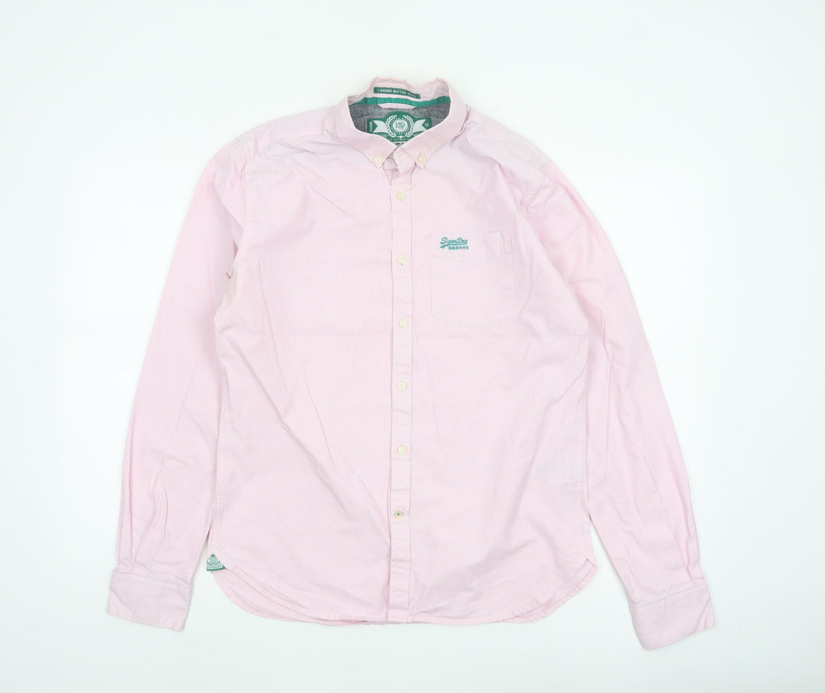 Superdry Men Pink White Striped Large Cotton Button-Up Long Sleeve Shirt