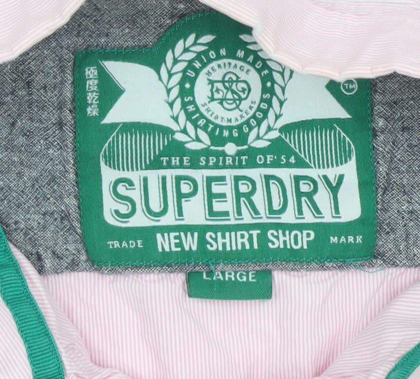 Superdry Men Pink White Striped Large Cotton Button-Up Long Sleeve Shirt